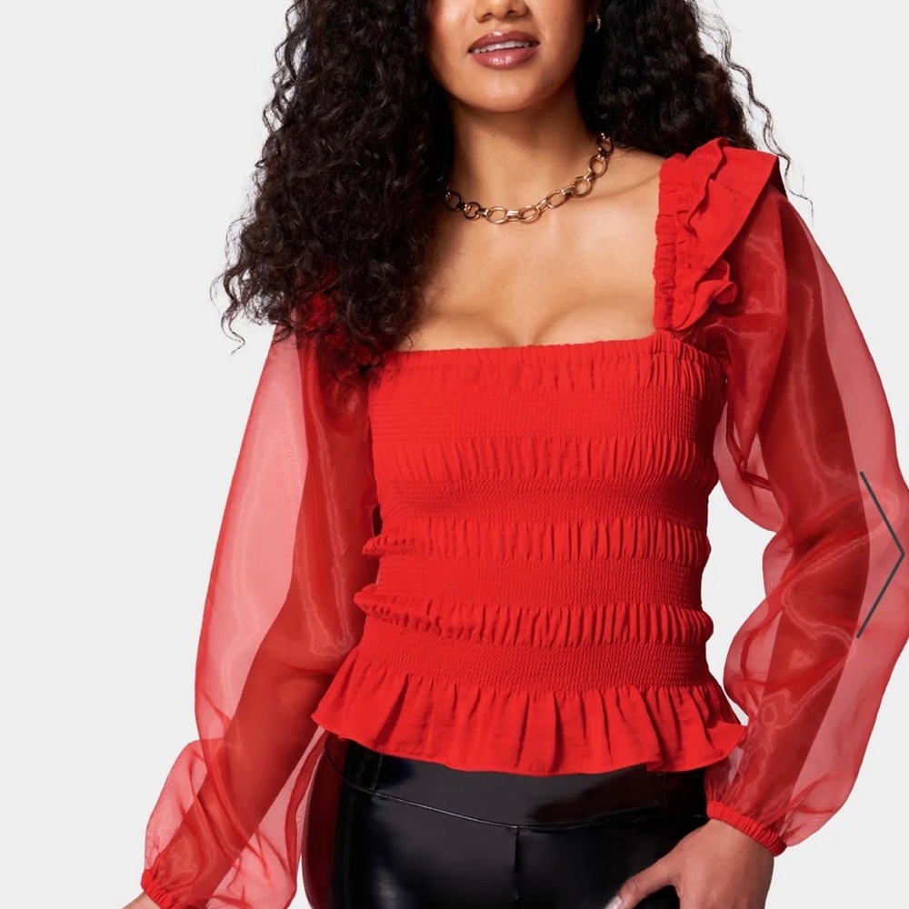 Smocked body chiffon sleeve top.